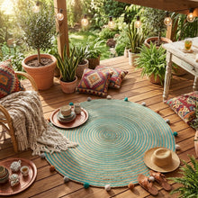 Lade das Bild in den Galerie-Viewer, Deko Teppich Grün Natur 90 cm Baumwolle Jute gestreift Bommel Wohnteppich Boho
