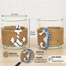 Lade das Bild in den Galerie-Viewer, 2er Set Teelichthalter Maritim Glas Jute Anker Seepferd Blau Weiß Braun Windlicht Kerzenhalter Tischdeko