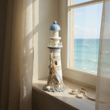 Lade das Bild in den Galerie-Viewer, Deko Leuchtturm Holz Blau Weiß 30 cm Dekofigur maritim