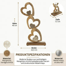 Lade das Bild in den Galerie-Viewer, Deko Skulptur Herzen Metall Holz Silber Braun 40 cm modern Dekofigur Tischdeko Dekoskulptur