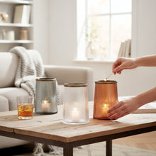 Lade das Bild in den Galerie-Viewer, 3er Set Windlichter Grau Rosé Braun Glas Metall Kerzenhalter Vase