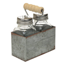 Lade das Bild in den Galerie-Viewer, Salz- und Pfefferstreuer im Halter Metall Silber Zink Rustikal Landhausstil Salzstreuer Glas