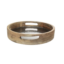 Lade das Bild in den Galerie-Viewer, Dekotablett Mangoholz Perlmutt Brau Grau Holztablett Tablett modern rund mit Griffen