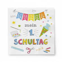 Lade das Bild in den Galerie-Viewer, 40 Servietten Einschulung Hurra mein 1 Schultag 33 cm 3 lagig Papierservietten weiß bunt Tischdeko Schulanfang Deko Schulstart Partydeko Einschulungsfeier