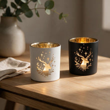 Lade das Bild in den Galerie-Viewer, 2er Set Dekowindlicht Hirsch Glas Schwarz Weiß modern Winter Dekoration Windlicht Kerzenhalter Weihnachten