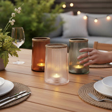 Lade das Bild in den Galerie-Viewer, 3er Set Windlichter Grau Rosé Braun Glas Metall Kerzenhalter Vase