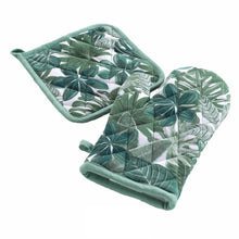 Lade das Bild in den Galerie-Viewer, Backhandschuh und Topflappen Set Dschungel Grün Weiß Kochhandschuh Backofenhandschuh modern