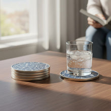 Lade das Bild in den Galerie-Viewer, 4er Set Glasuntersetzer Blau Metall Holz 10 cm Getränkeuntersetzer