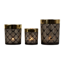 Lade das Bild in den Galerie-Viewer, 3er Set Teelichthalter Glas Schwarz Gold modern verschiedene Größen Kerzenhalter