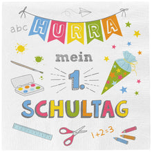 Lade das Bild in den Galerie-Viewer, 40 Servietten Einschulung Hurra mein 1 Schultag 33 cm 3 lagig Papierservietten weiß bunt Tischdeko Schulanfang Deko Schulstart Partydeko Einschulungsfeier