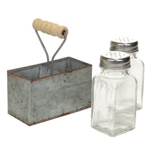 Lade das Bild in den Galerie-Viewer, Salz- und Pfefferstreuer im Halter Metall Silber Zink Rustikal Landhausstil Salzstreuer Glas