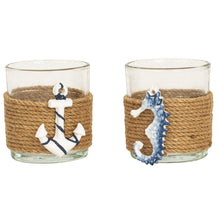 Lade das Bild in den Galerie-Viewer, 2er Set Teelichthalter Maritim Glas Jute Anker Seepferd Blau Weiß Braun Windlicht Kerzenhalter Tischdeko