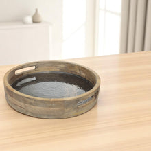 Lade das Bild in den Galerie-Viewer, Dekotablett Mangoholz Perlmutt Brau Grau Holztablett Tablett modern rund mit Griffen