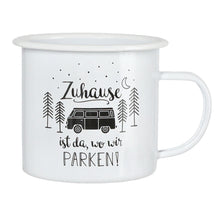 Lade das Bild in den Galerie-Viewer, XL Emaille Tasse Camping Weiß Schwarz 450 ml Parken Metallbecher Campingbecher