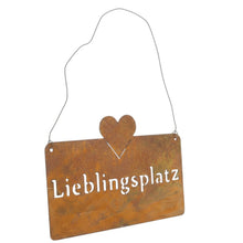 Lade das Bild in den Galerie-Viewer, Dekoschild Lieblingsplatz Metall Rost 25 cm Hängeschild Schild Deko Garten Terrasse Balkon