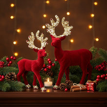 Lade das Bild in den Galerie-Viewer, 2er Set Deko Rentier Weiß Rot od. Grün Kunststoff beflockt moderne Weihnachtsdekoration Dekofigur Weihnachten