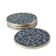 Lade das Bild in den Galerie-Viewer, 4er Set Glasuntersetzer Blau Metall Holz 10 cm Getränkeuntersetzer