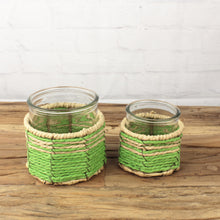 Lade das Bild in den Galerie-Viewer, 2er Set Glaswindlicht Braun Grün Glas Naturfaser Dekowindlicht Windlicht modern Kerzenhalter