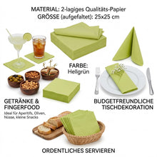 Lade das Bild in den Galerie-Viewer, 40er Set Servietten Papier Hellgrün Grün 25 cm Cocktailservietten Papierservietten modern