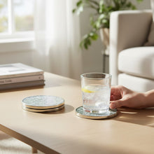 Lade das Bild in den Galerie-Viewer, 4er Set Glasuntersetzer Grün Metall Holz 10 cm Getränkeuntersetzer