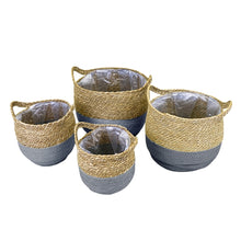 Lade das Bild in den Galerie-Viewer, 4er Pflanz-Korbset mit Griffen Seegras, grau- natur