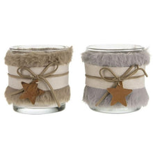 Lade das Bild in den Galerie-Viewer, Teelichthalter Glas, mit Fell und Stern, grau & creme