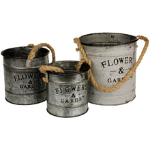 Lade das Bild in den Galerie-Viewer, 3er Set Pflanzeimer Zink mi Jute Griff und Aufdruck