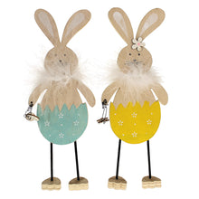 Lade das Bild in den Galerie-Viewer, 2er Set Hase mit Federn blau & gelb Holz
