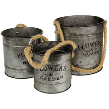 Lade das Bild in den Galerie-Viewer, 3er Set Pflanzeimer Zink mi Jute Griff und Aufdruck