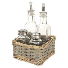 Lade das Bild in den Galerie-Viewer, Essig & Öl Menage 5 tlg. im Rattabkorb