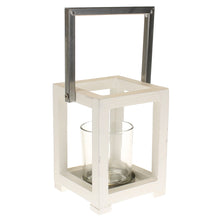 Lade das Bild in den Galerie-Viewer, Windlicht weiß Holz mit Metallhenkel