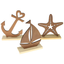 Lade das Bild in den Galerie-Viewer, 3er Set Dekofiguren Seestern, Anker und Boot