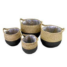 Lade das Bild in den Galerie-Viewer, 4er Pflanz-Korbset mit Griffen Seegras, schwarz-natur
