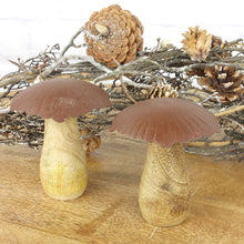 Lade das Bild in den Galerie-Viewer, 2er Set Pilz Skulptur Mangoholz Metall klein