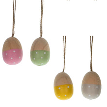 Lade das Bild in den Galerie-Viewer, 4er Osterei-Hänger Holz, Pastellfarben mit Aufhänger Jute