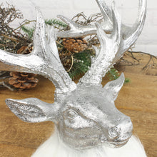 Lade das Bild in den Galerie-Viewer, Hirschkopf Silber mit weißem Fellkragen 25 cm