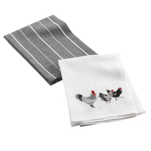 Lade das Bild in den Galerie-Viewer, Küchentücher, 2-Set, 1x Grau/Weiß gestreift & 1x Weiß Waffelstrucktur Huhn