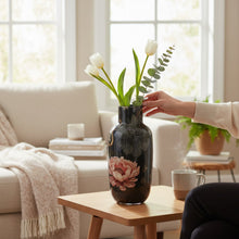 Lade das Bild in den Galerie-Viewer, Dekovase Schwarz Floral Metall 25 cm Vase Blumenvase
