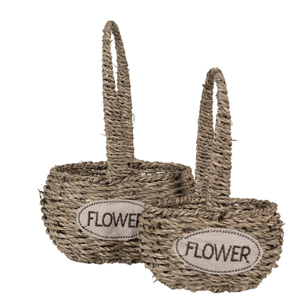 2er Seegraskörbe Flower oval Braun Dekokorb Korbset Landhaus Pflanzkorb