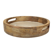 Lade das Bild in den Galerie-Viewer, Dekotablett Mangoholz Perlmutt Brau Grau Holztablett Tablett modern rund mit Griffen
