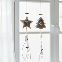 Lade das Bild in den Galerie-Viewer, 2er Set Hängedekoration Weihnachten Tannenbaum Stern Braun Fell Holz 75 cm
