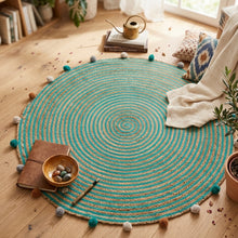 Lade das Bild in den Galerie-Viewer, Deko Teppich Grün Natur 90 cm Baumwolle Jute gestreift Bommel Wohnteppich Boho
