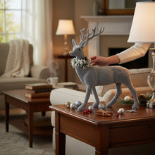 Lade das Bild in den Galerie-Viewer, Dekohirsch Grau Kunststoff beflockt Dekofigur Weihnachten Winter Hirsch Deko
