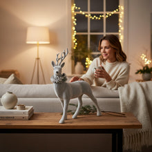 Lade das Bild in den Galerie-Viewer, Dekohirsch Grau Kunststoff beflockt Dekofigur Weihnachten Winter Hirsch Deko
