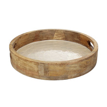Lade das Bild in den Galerie-Viewer, Dekotablett Mangoholz Perlmutt Brau Grau Holztablett Tablett modern rund mit Griffen
