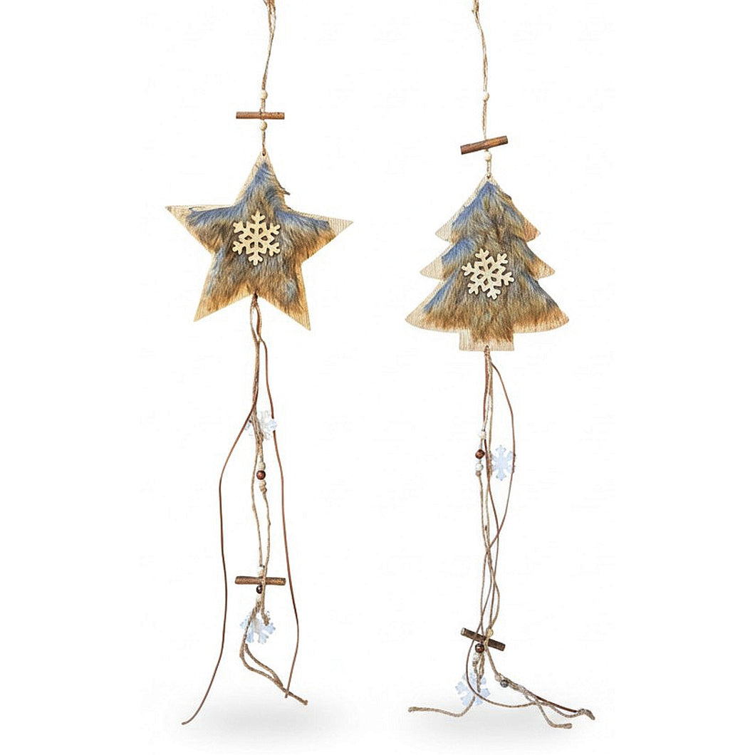 2er Set Hängedekoration Weihnachten Tannenbaum Stern Braun Fell Holz 75 cm