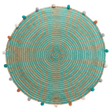 Lade das Bild in den Galerie-Viewer, Deko Teppich Grün Natur 90 cm Baumwolle Jute gestreift Bommel Wohnteppich Boho
