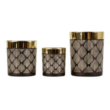Lade das Bild in den Galerie-Viewer, 3er Set Teelichthalter Glas Schwarz Gold modern verschiedene Größen Kerzenhalter
