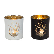 Lade das Bild in den Galerie-Viewer, 2er Set Dekowindlicht Hirsch Glas Schwarz Weiß modern Winter Dekoration Windlicht Kerzenhalter Weihnachten
