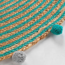 Lade das Bild in den Galerie-Viewer, Deko Teppich Grün Natur 90 cm Baumwolle Jute gestreift Bommel Wohnteppich Boho

